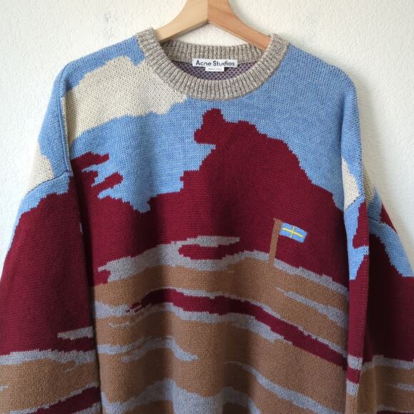 ACNE STUDIOS Brown Patterned Jacquard Knit Sweater Mens Shirt Wool Crewneck S - Picture 5 of 8